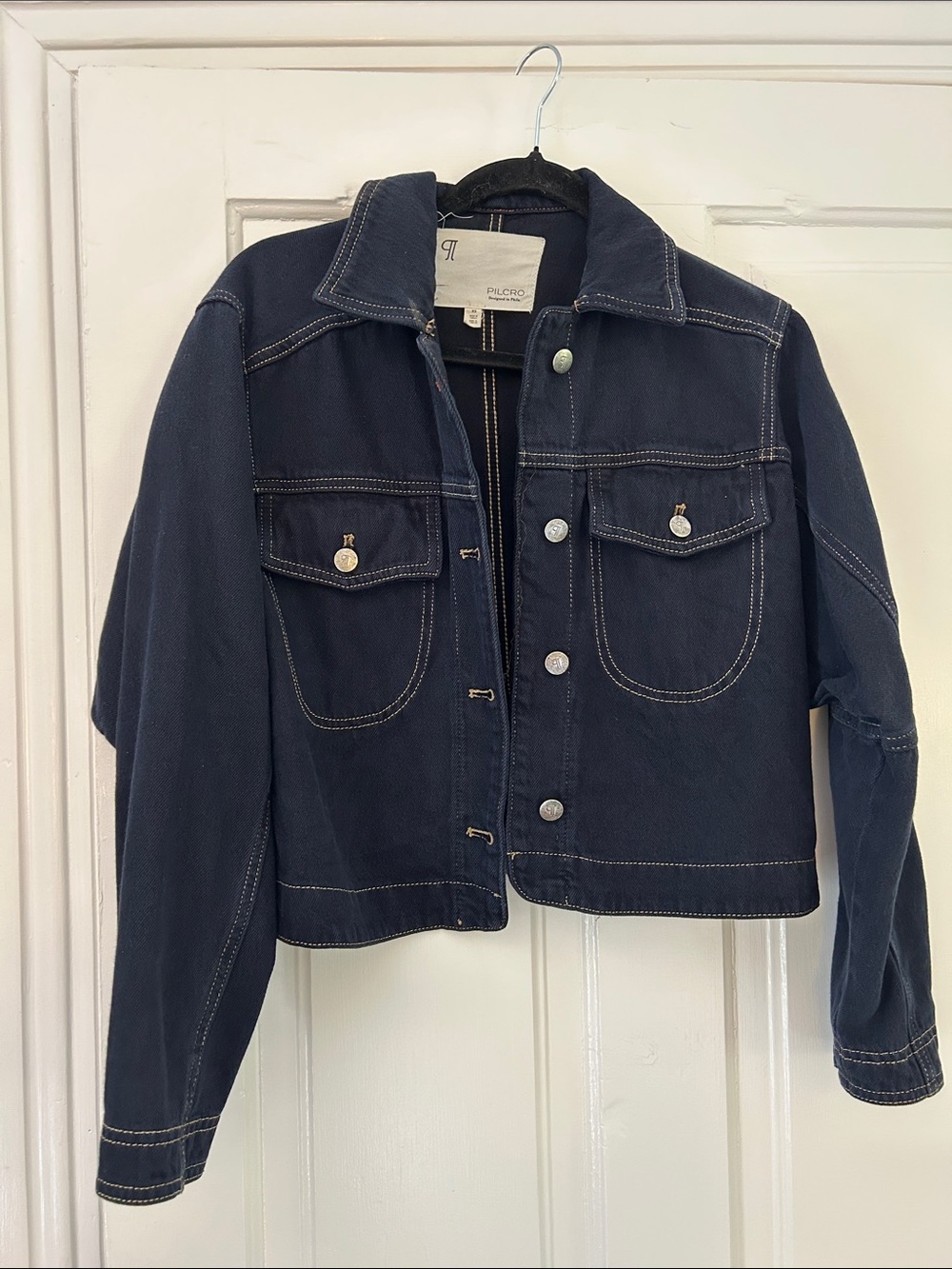 Pilcro Dark Navy Cropped Jean Jacket with Contrast Stitching